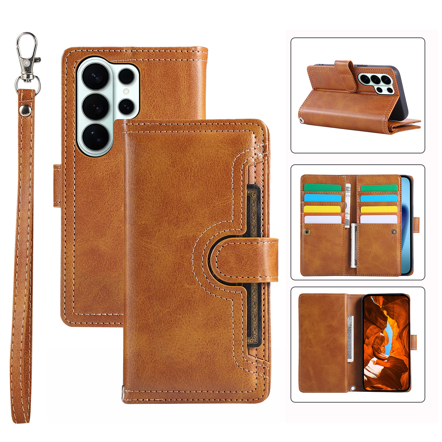 For Samsung Galaxy S26 Ultra Case Split Leather Magnetic Wallet Phone Protector with Wrist Strap - Brown