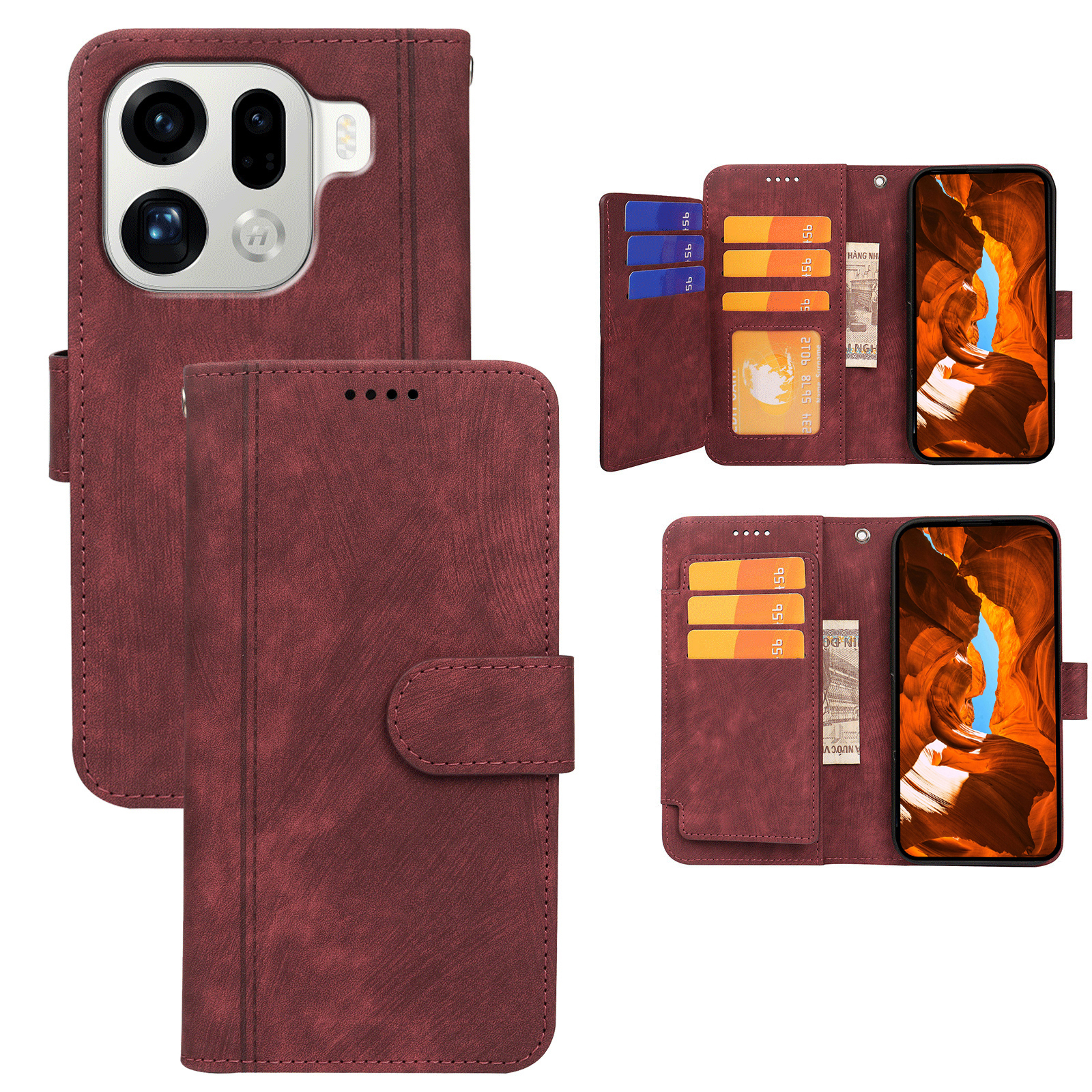 For Oppo Find X9 Pro 5G Leather Case Line Pattern Wallet Phone Cover with 9 Card Slots - Red