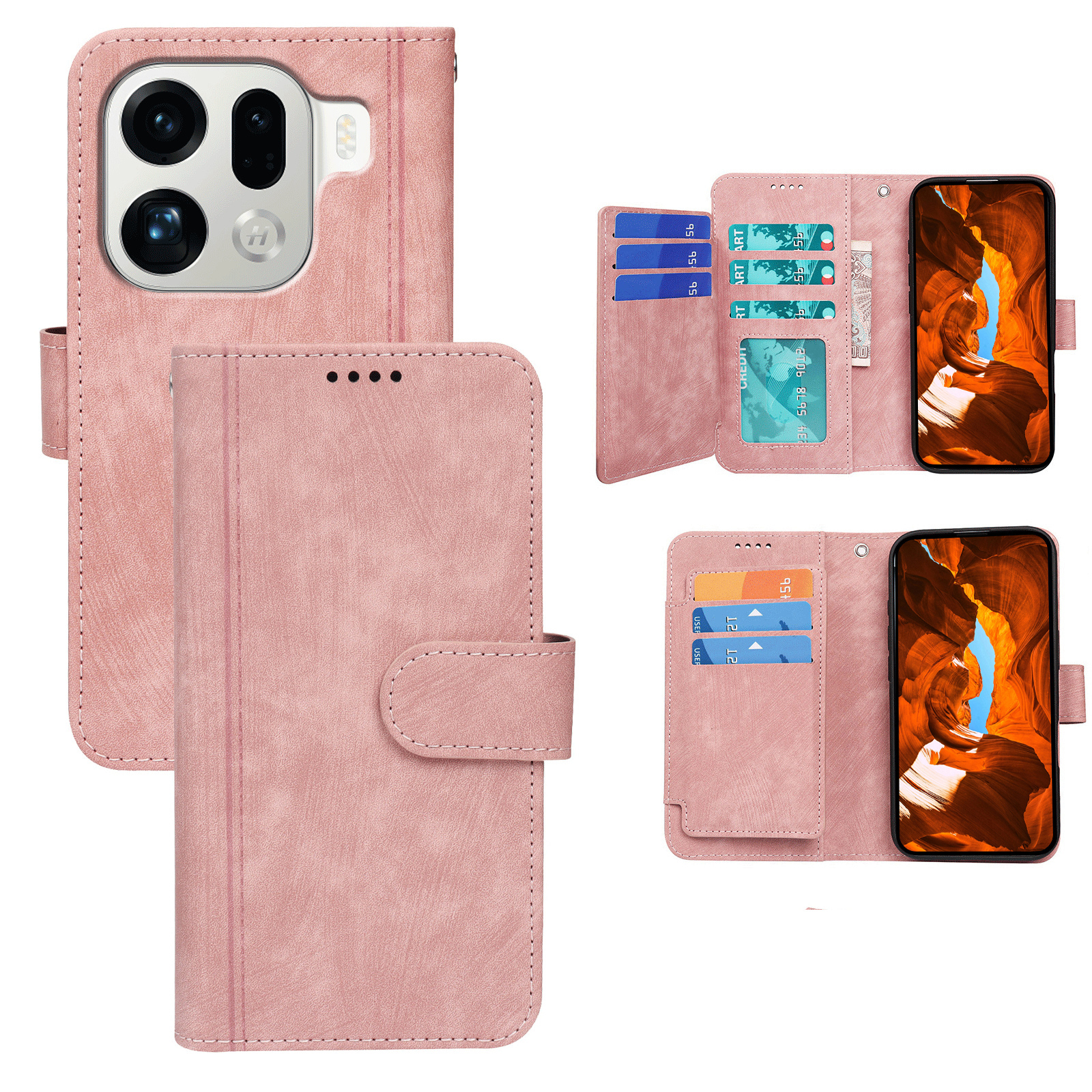 For Oppo Find X9 Pro 5G Leather Case Line Pattern Wallet Phone Cover with 9 Card Slots - Rose Gold