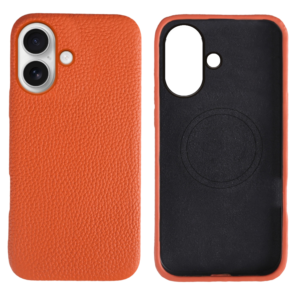 For iPhone 17 Case Compatible with MagSafe Litchi Texture Genuine Cow Leather + PC Phone Cover - Orange