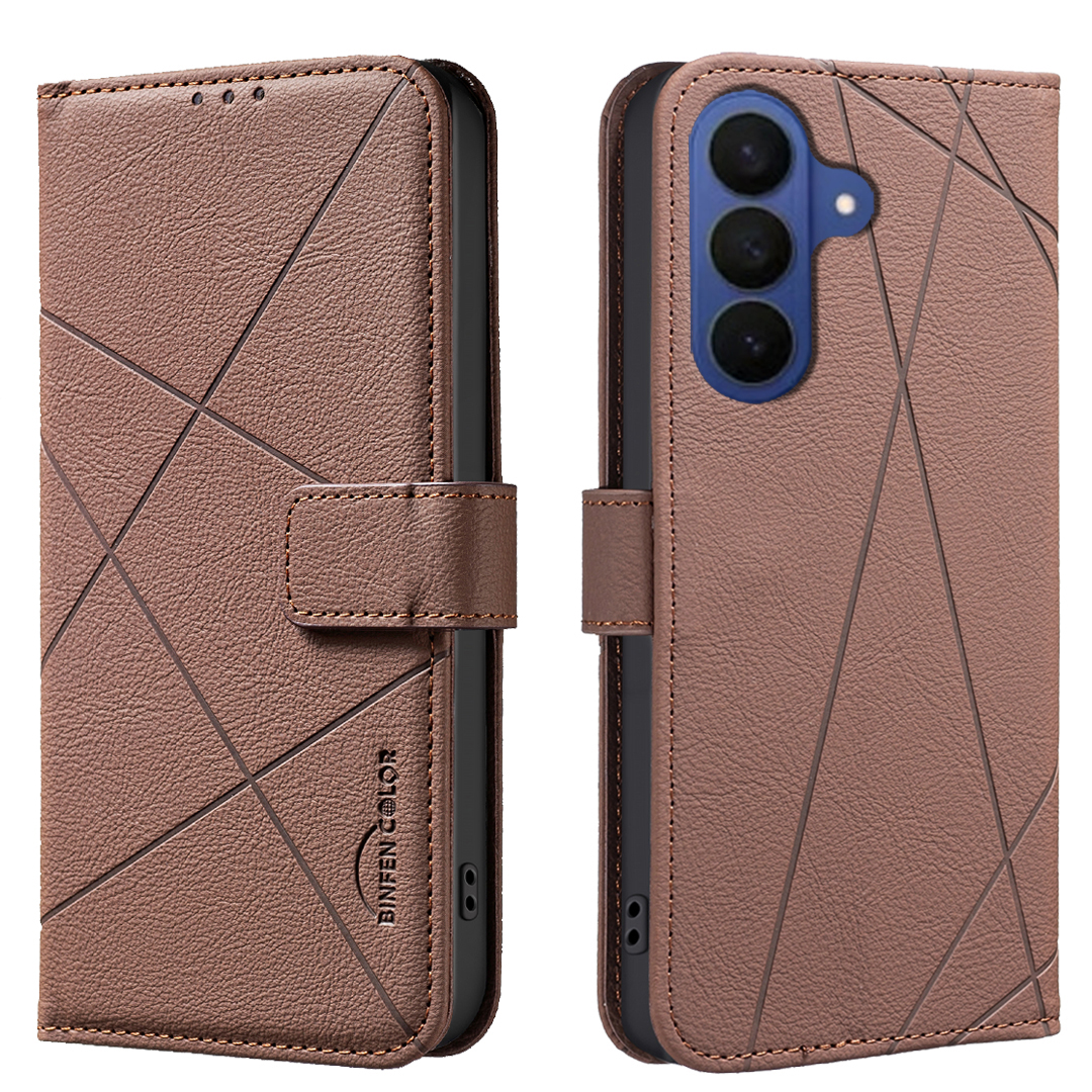 BINFEN COLOR For Samsung Galaxy S26+ Case  BF35 Geometry Imprinted Leather Phone Cover RFID Blocking Wallet Stand - Brown