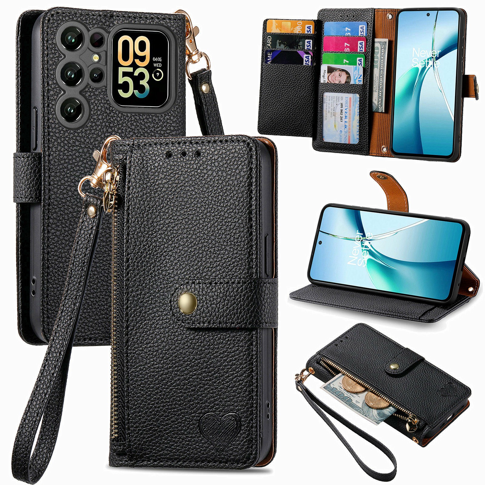 For Oukitel C62 Case RFID Blocking Zipper Pocket Leather Wallet Phone Cover with Strap - Black