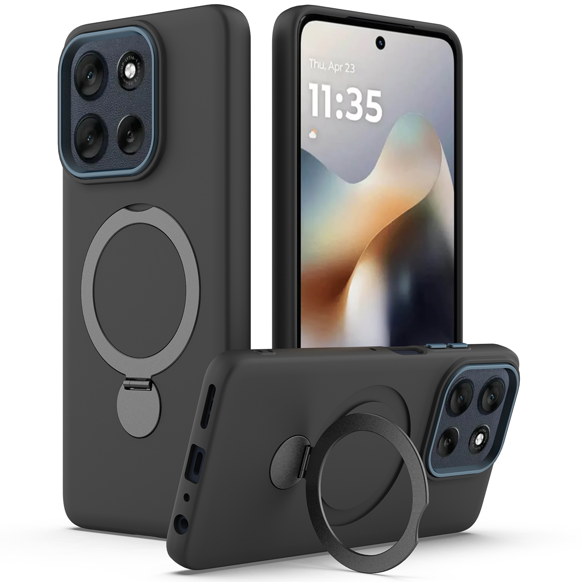For Motorola Edge 60s 5G / Motorola Edge 60 Fusion 5G / Motorola Edge 60 5G Magnetic Case Rotating Ring Kickstand TPU + PC Back Cover - Black