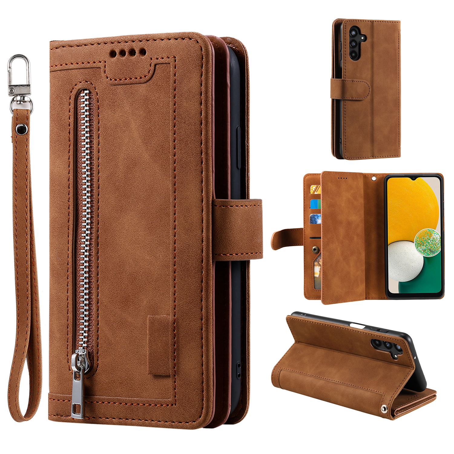 For Samsung Galaxy A57 5G Case 9 Card Slots Zipper Wallet PU Leather Phone Cover with Wrist Strap - Brown