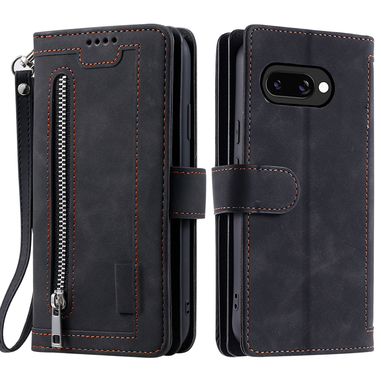 For Google Pixel 10a Case 9 Card Slots Zipper Wallet PU Leather Phone Cover with Wrist Strap - Black