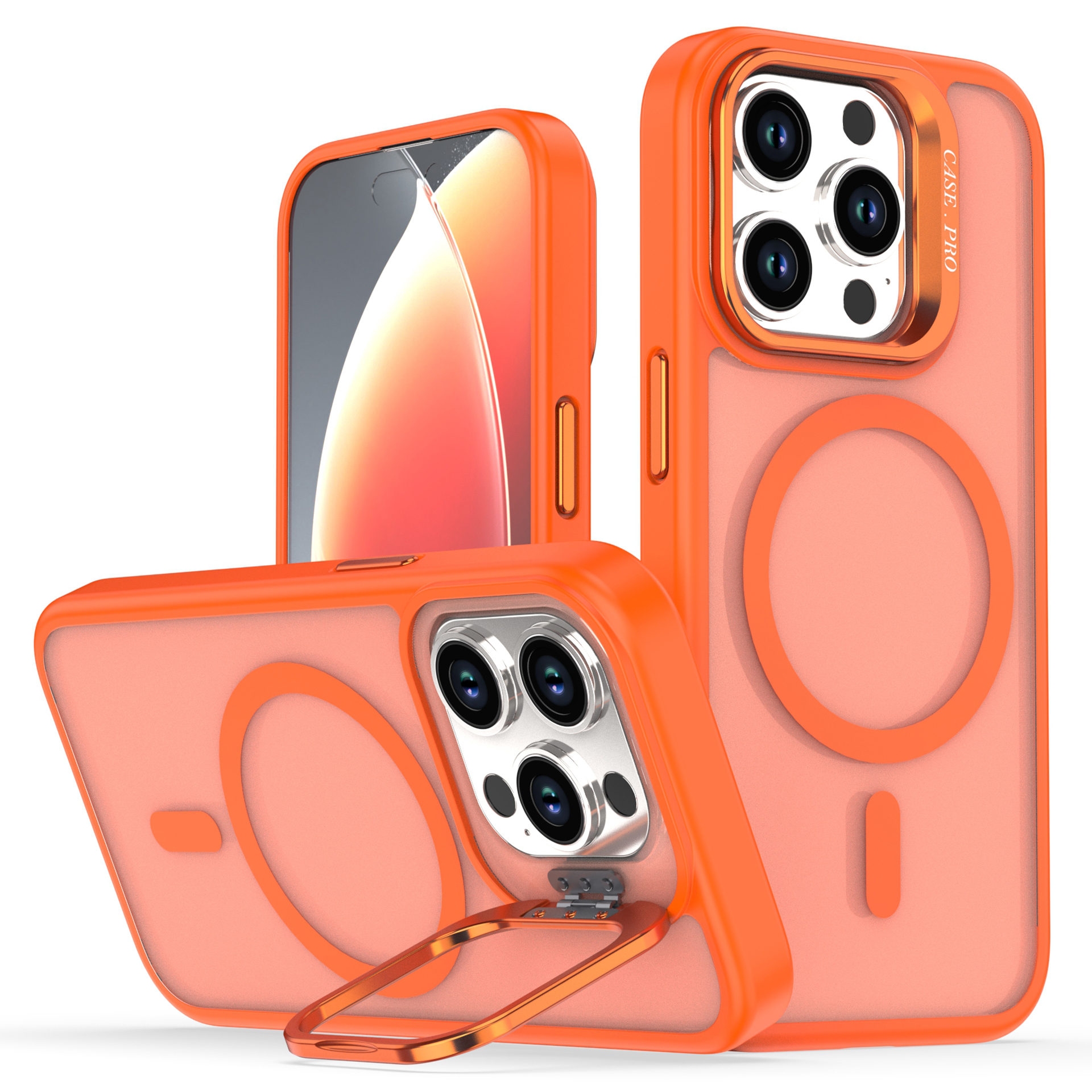 For iPhone 13 Pro Case Foldable Kickstand Matte PC + TPU Phone Cover Compatible with MagSafe - Orange