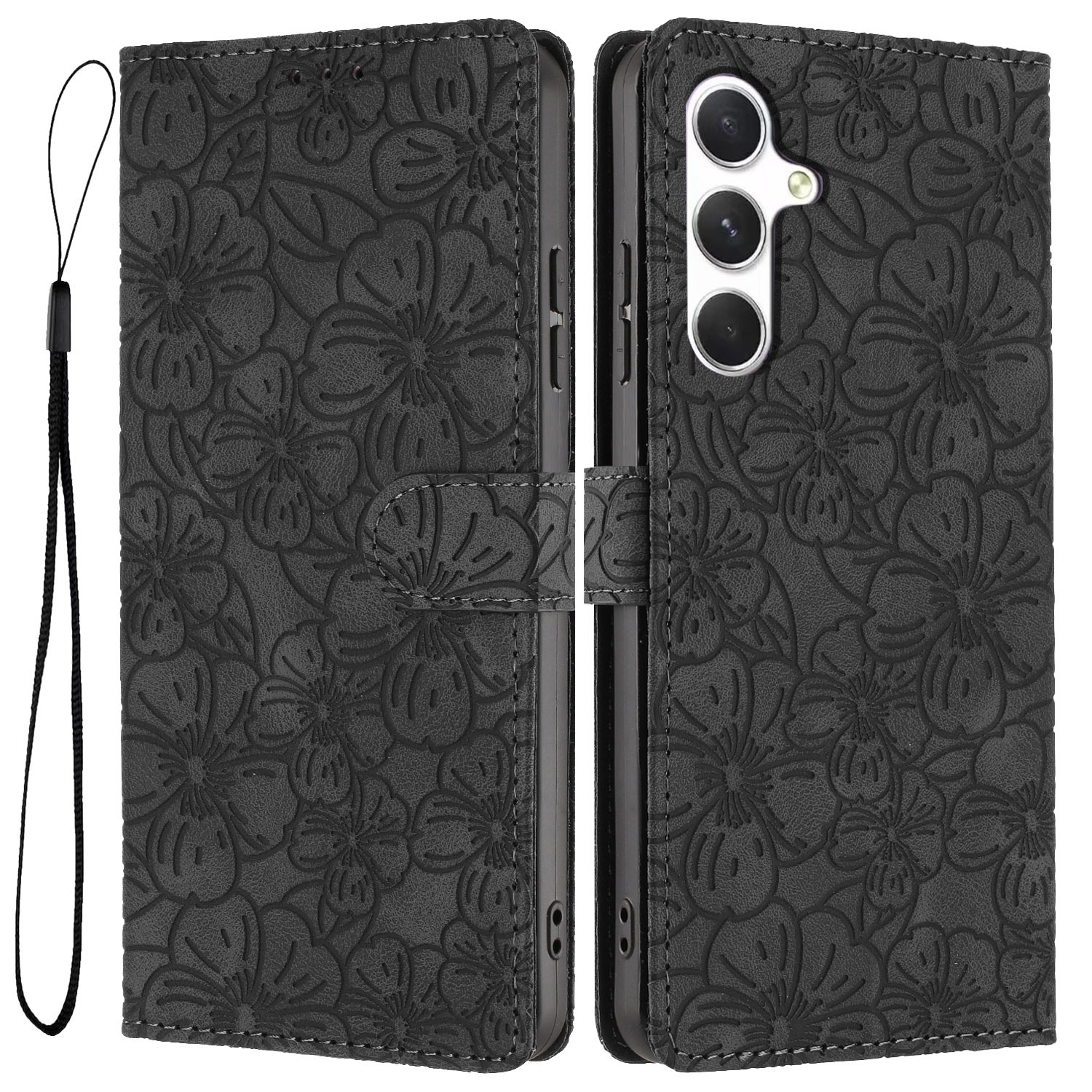 For Samsung Galaxy A57 5G Flip Case Cherry Blossom Pattern Leather Wallet Stand Phone Cover with Wrist Strap - Black