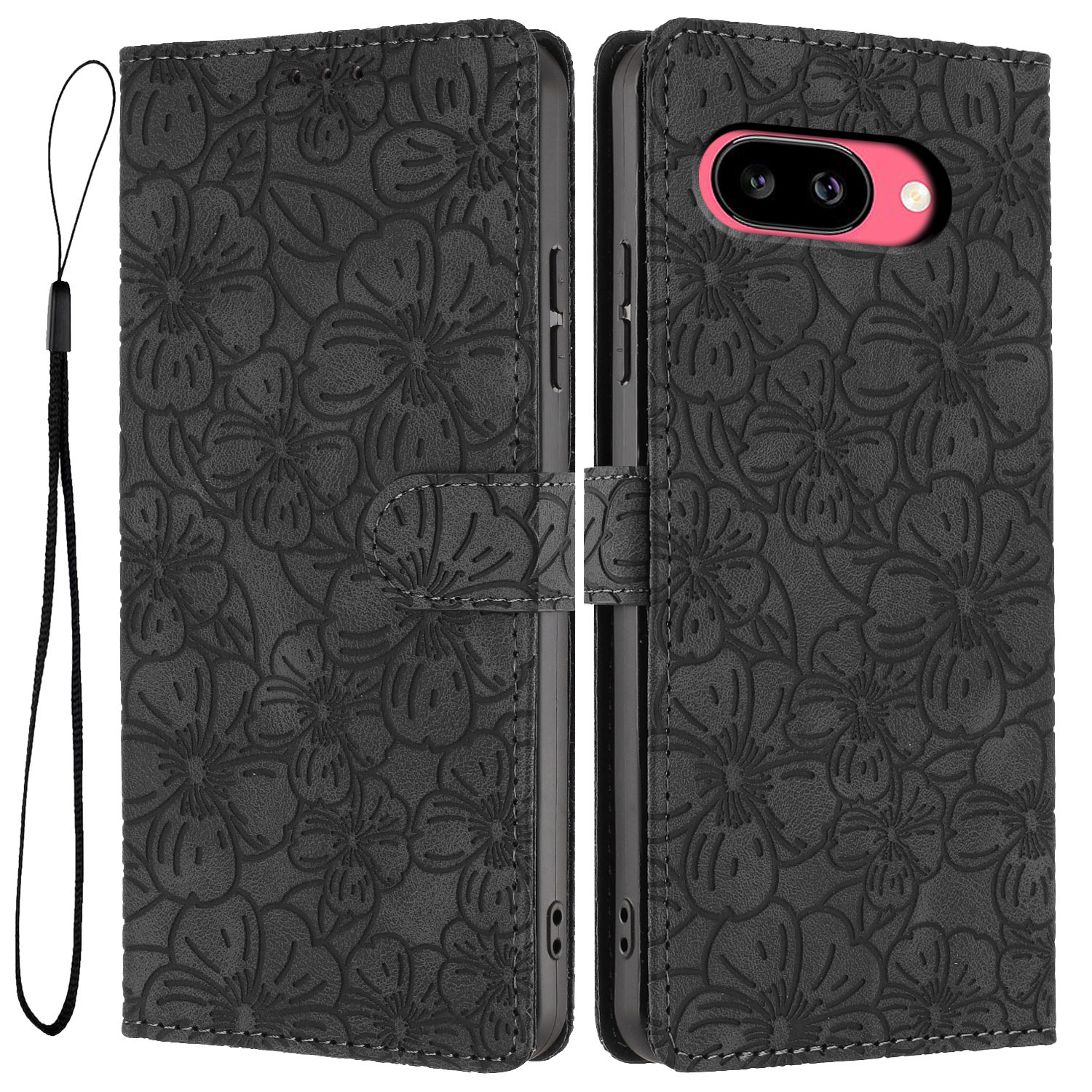 For Google Pixel 10a Flip Case Cherry Blossom Pattern Leather Wallet Stand Phone Cover with Wrist Strap - Black