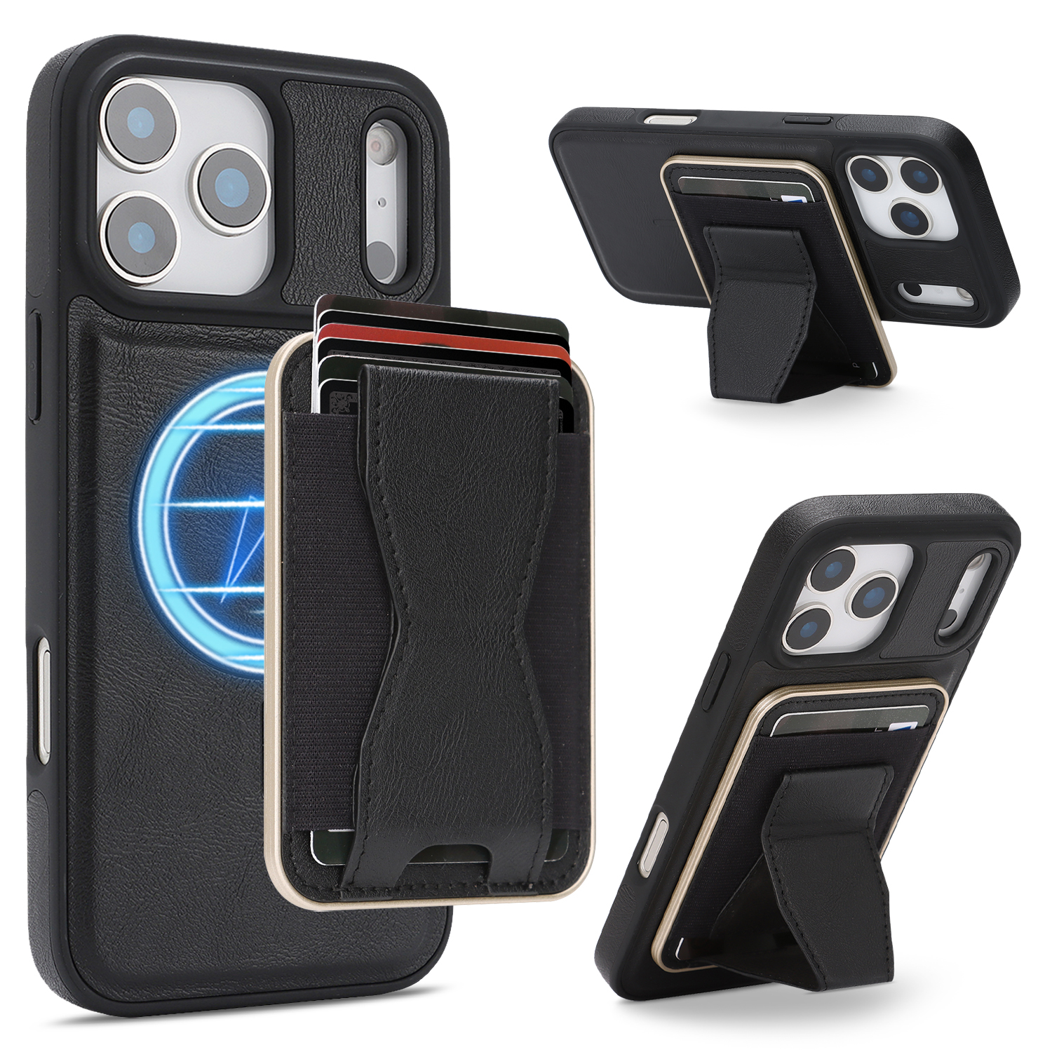 For iPhone 17 Pro Max Case Compatible with MagSafe Leather Back Phone Cover with Detachable Card Holder Kickstand - Black