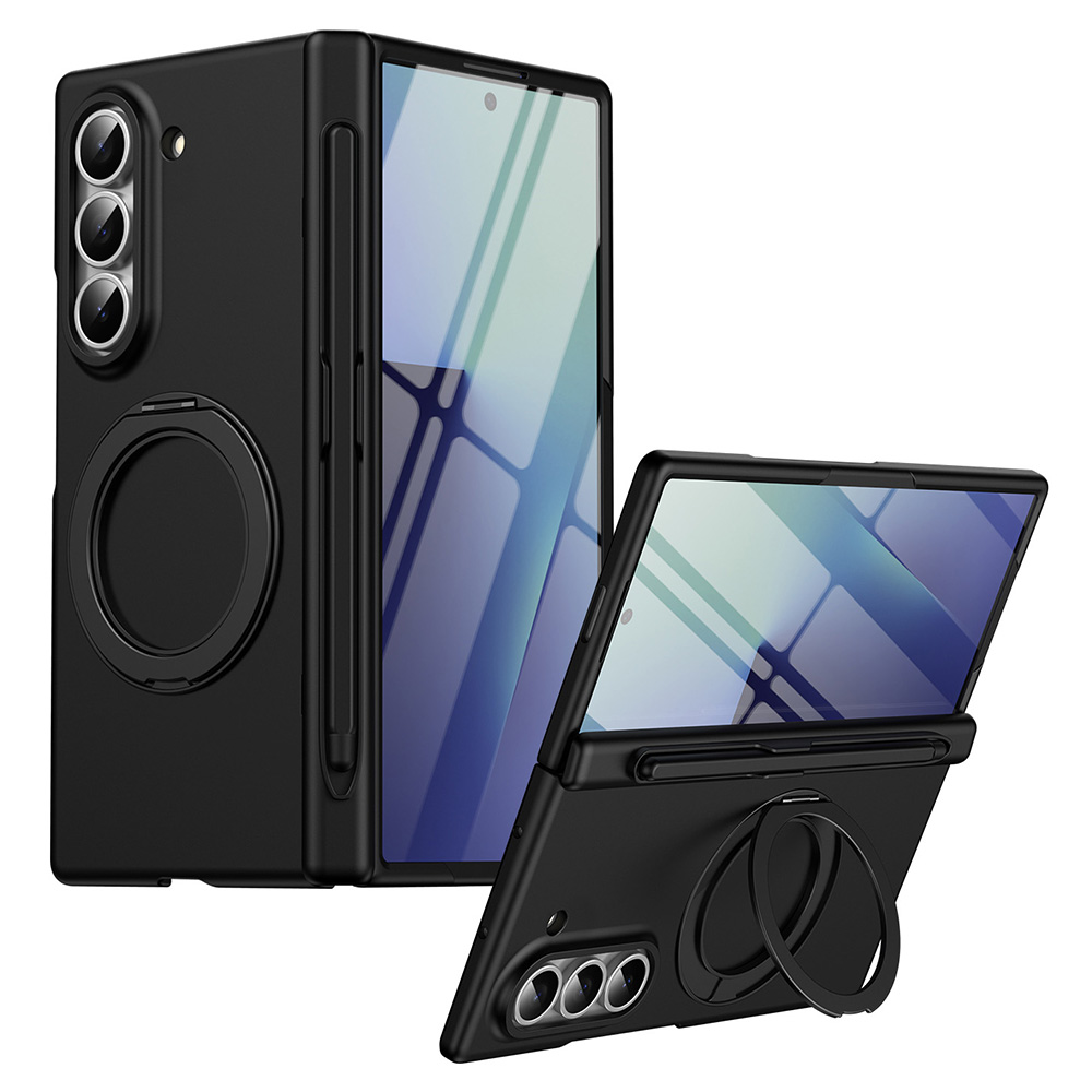 For Samsung Galaxy Z Fold6 5G Rotary Kickstand PC Phone Cover with Tempered Glass Film / Stylus - Black