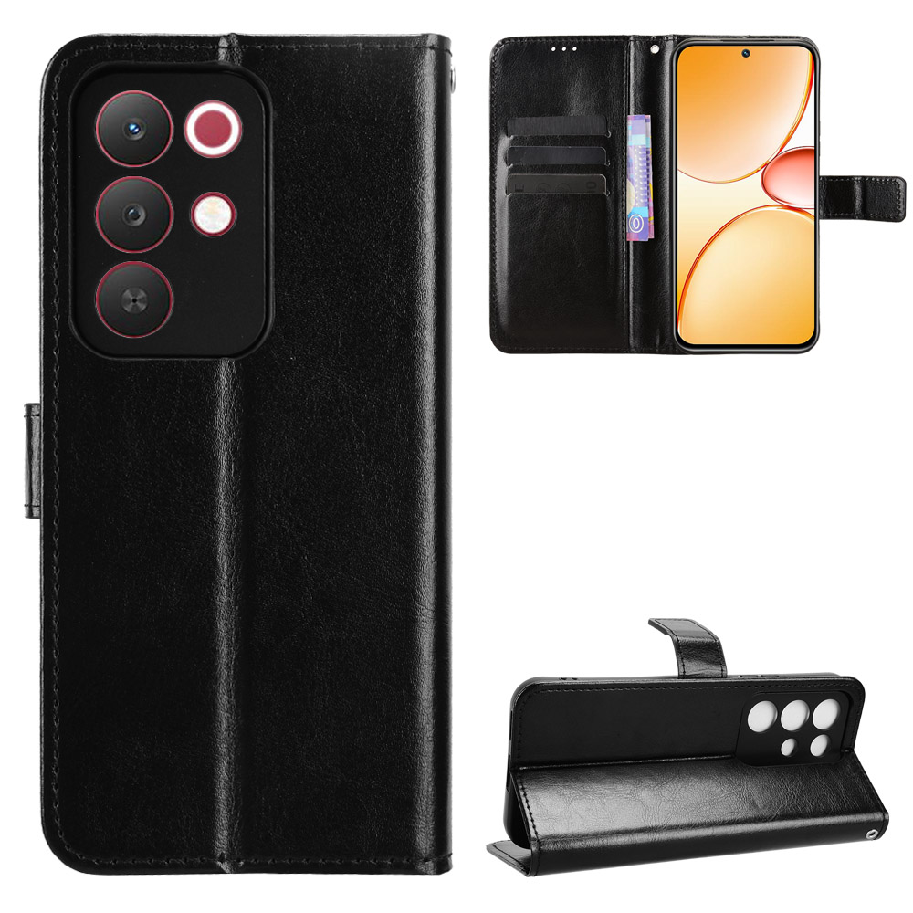 For Realme 15x (India) 5G / Realme C85 5G PU Leather Case with Strap Crazy Horse Texture Phone Wallet Cover - Black