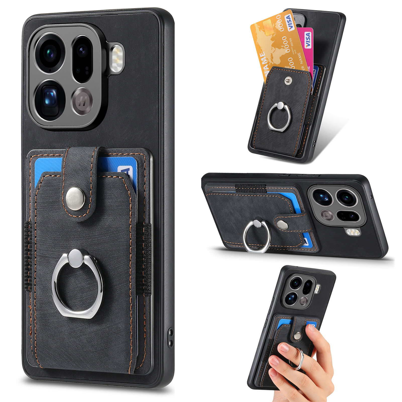 For Oppo Find X9 Pro 5G Phone Case Leather Back Cover with Card Slots Kickstand - Black