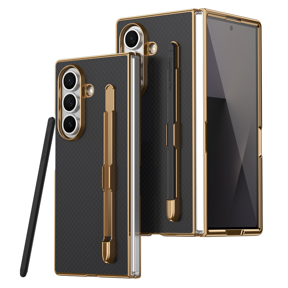 For Samsung Galaxy Z Fold7 5G Case Carbon Fiber Texture Leather PC Electroplating Phone Cover with Screen Film / Stylus - Black