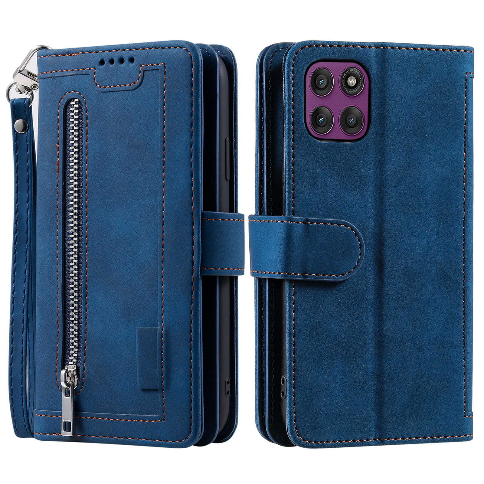 For Motorola Edge 70 5G Case 9 Card Slots Zipper Wallet PU Leather Phone Cover with Wrist Strap - Blue