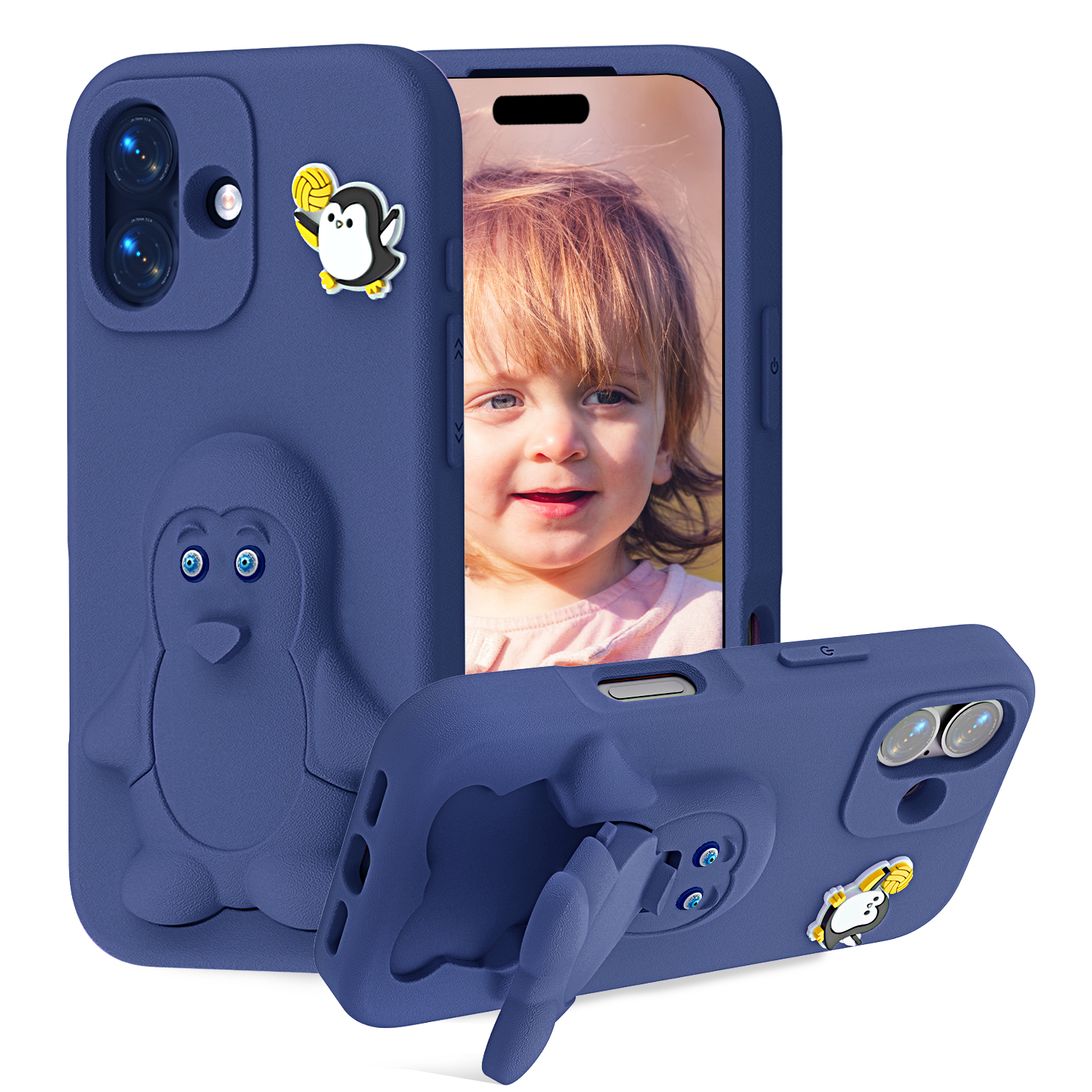 For iPhone 17 Case Penguin Design Kickstand Shockproof EVA Phone Cover - Navy Blue