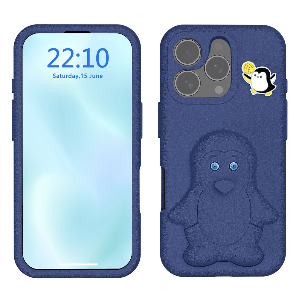 For iPhone 16 Pro Max Case Penguin Design Kickstand Shockproof EVA Phone Cover - Navy Blue