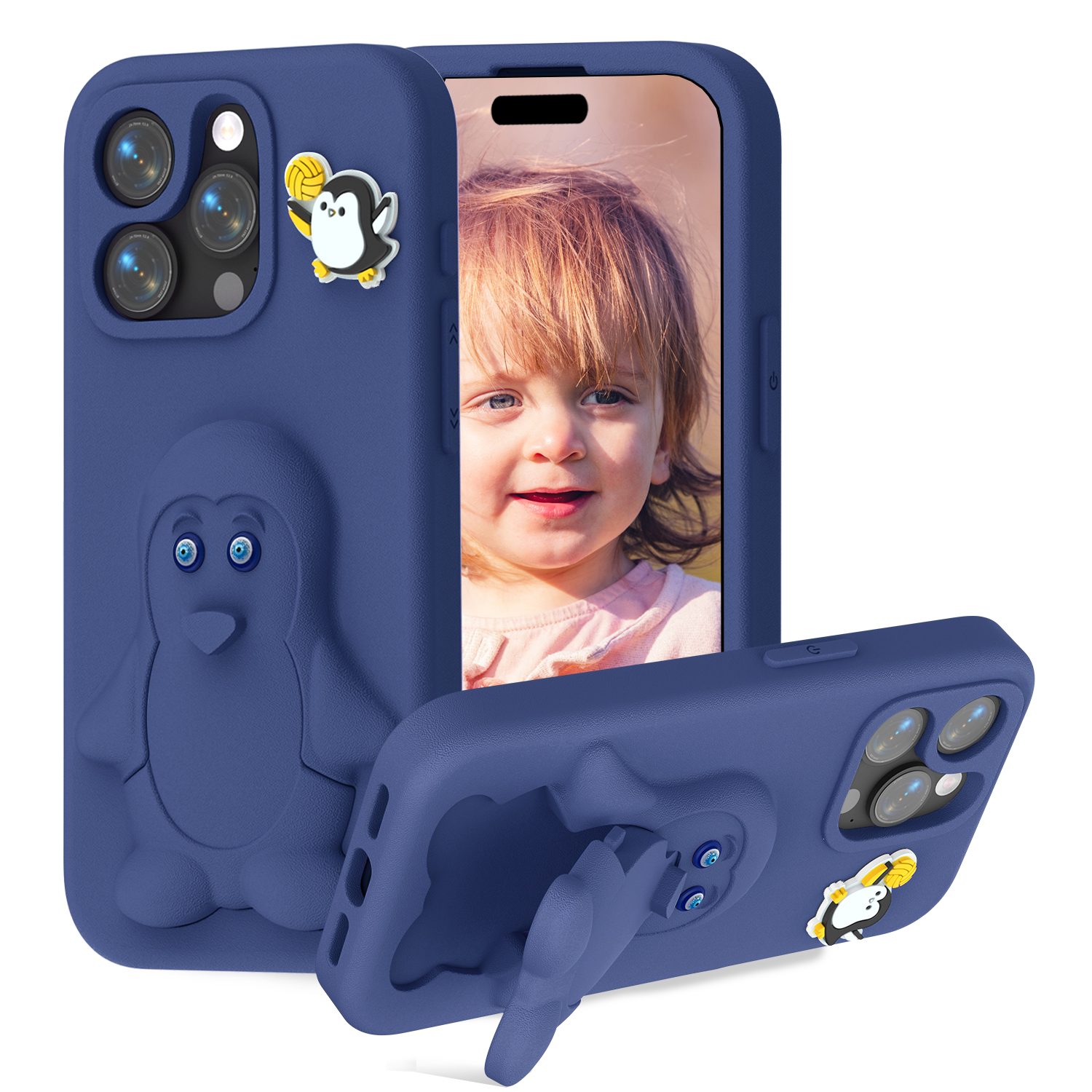 For iPhone 15 Pro Case Penguin Design Kickstand Shockproof EVA Phone Cover - Navy Blue