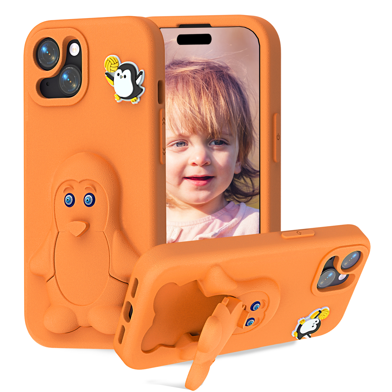 For iPhone 14  /  13 Case Penguin Design Kickstand Shockproof EVA Phone Cover - Orange