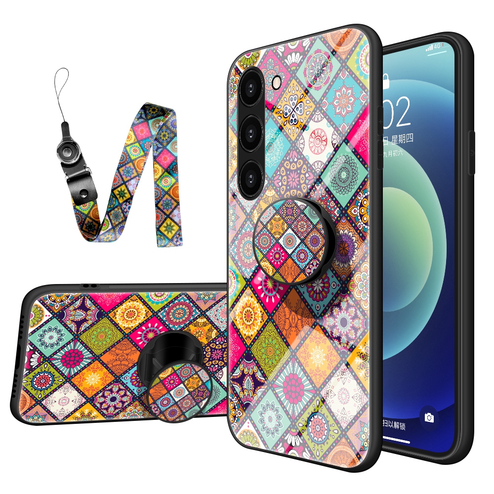 

For Samsung Galaxy S23+ Anti-scratch Phone Cover Kickstand Flower Pattern Tempered Glass + PC + TPU Drop-proof Phone Case with Lanyard - Color Pattern, Galaxy S23+