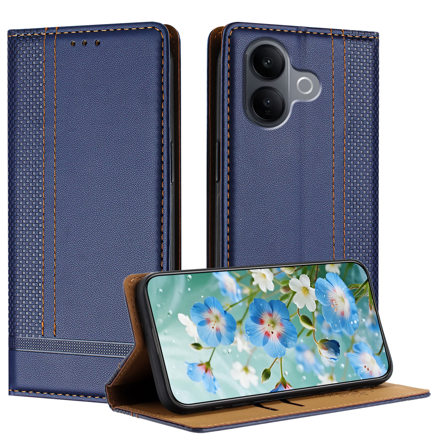 For vivo V60 Lite 4G / vivo V60 Lite 5G Case L-Shaped Grid Pattern Leather Stand Phone Cover with Card Slots - Blue