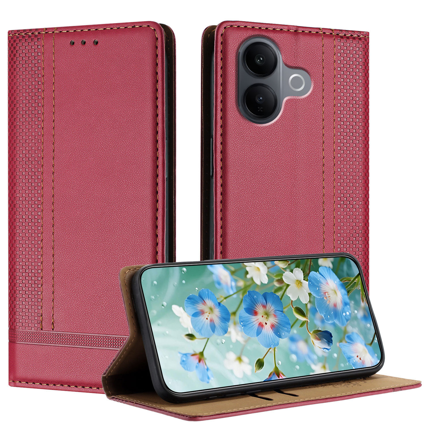 For vivo V60 Lite 4G / vivo V60 Lite 5G Case L-Shaped Grid Pattern Leather Stand Phone Cover with Card Slots - Red