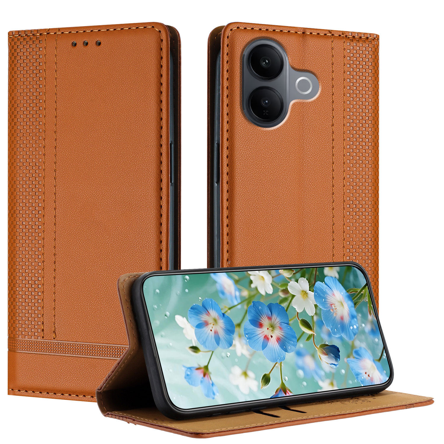 For vivo V60 Lite 4G / vivo V60 Lite 5G Case L-Shaped Grid Pattern Leather Stand Phone Cover with Card Slots - Brown