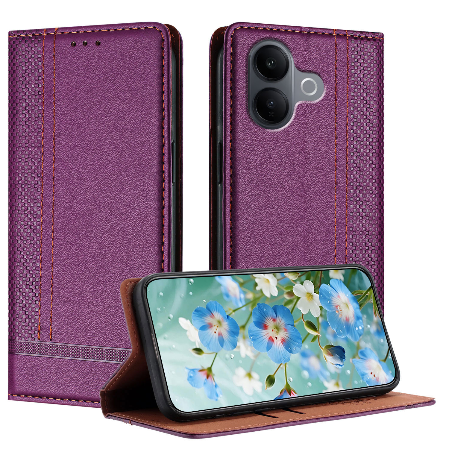 For vivo V60 Lite 4G / vivo V60 Lite 5G Case L-Shaped Grid Pattern Leather Stand Phone Cover with Card Slots - Purple