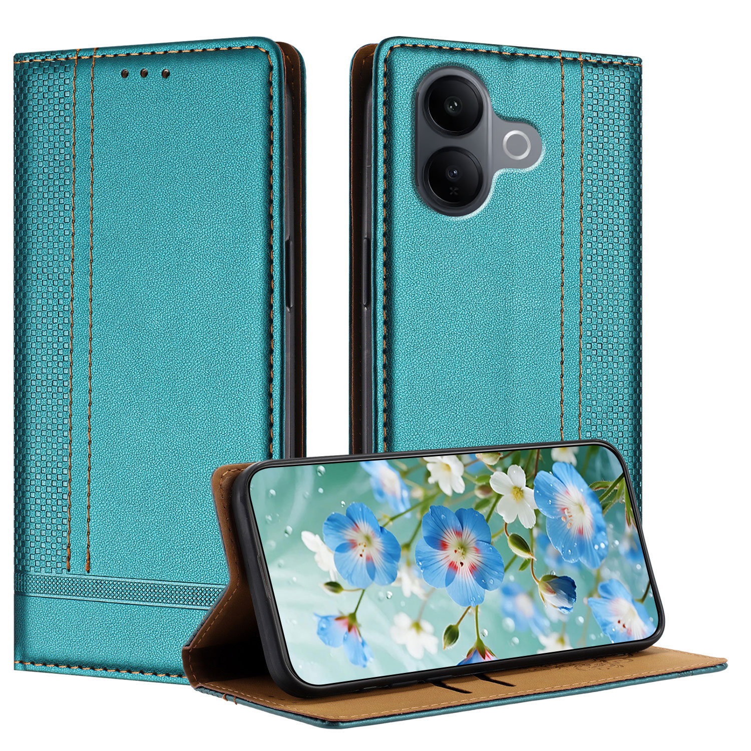 For vivo V60 Lite 4G / vivo V60 Lite 5G Case L-Shaped Grid Pattern Leather Stand Phone Cover with Card Slots - Green