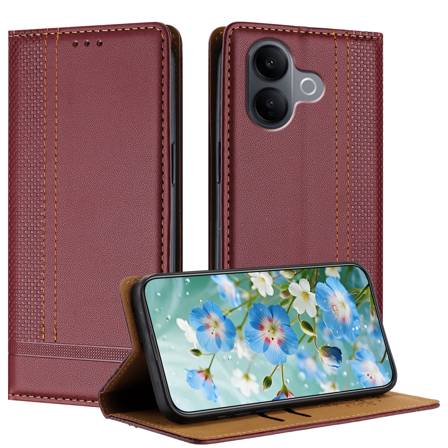 For vivo V60 Lite 4G / vivo V60 Lite 5G Case L-Shaped Grid Pattern Leather Stand Phone Cover with Card Slots - Wine Red