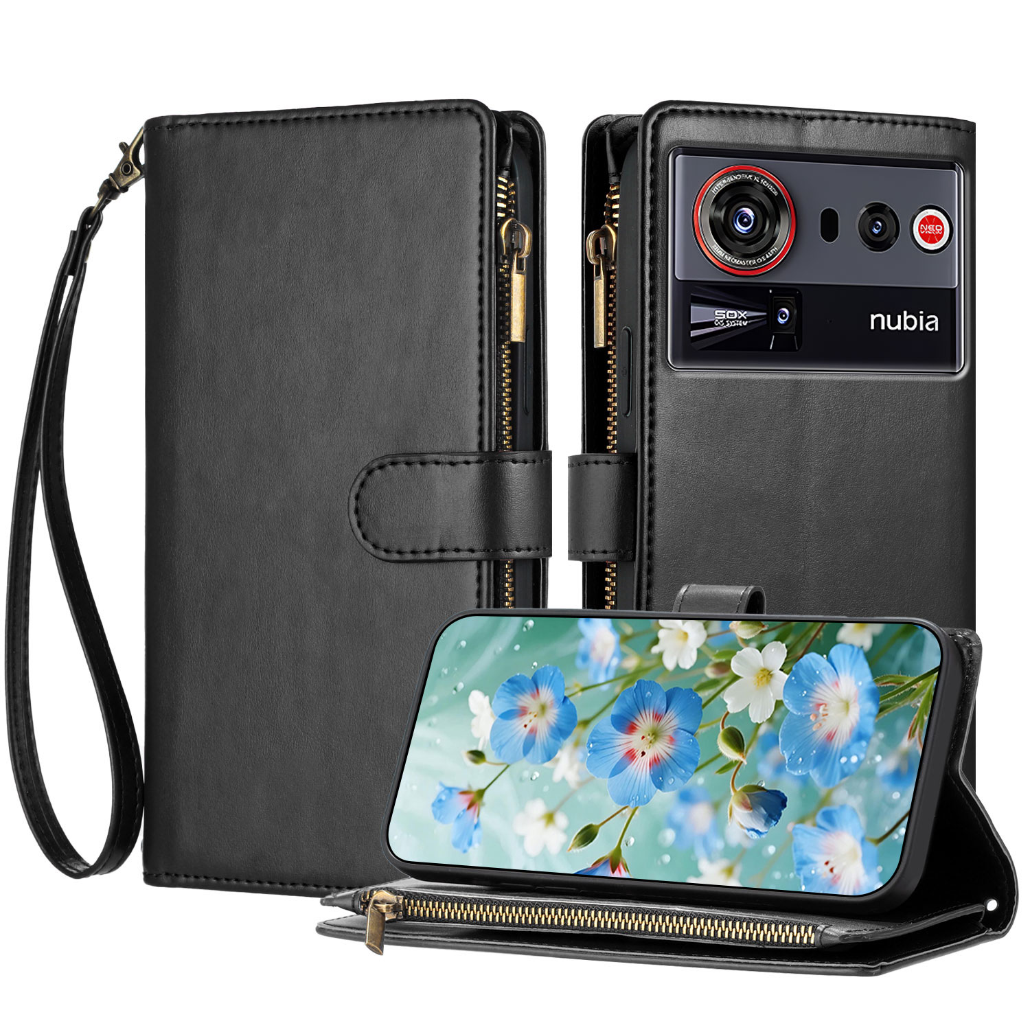 For ZTE nubia Z80 Ultra 5G Leather Case Zipper Wallet Stand Shockproof Phone Cover with Wrist Strap - Black