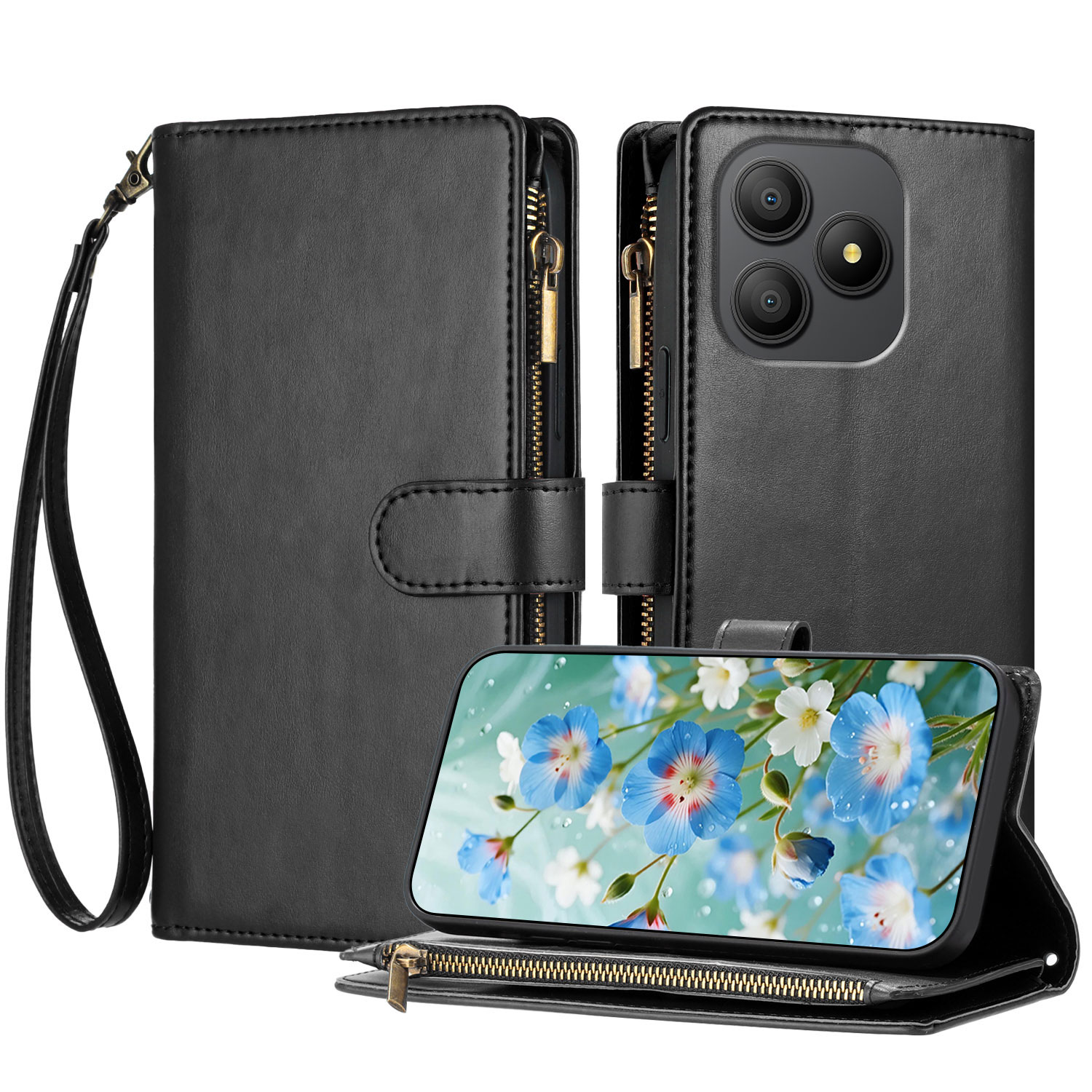 For Blackview Wave 9C Leather Case Zipper Wallet Stand Shockproof Phone Cover with Wrist Strap - Black