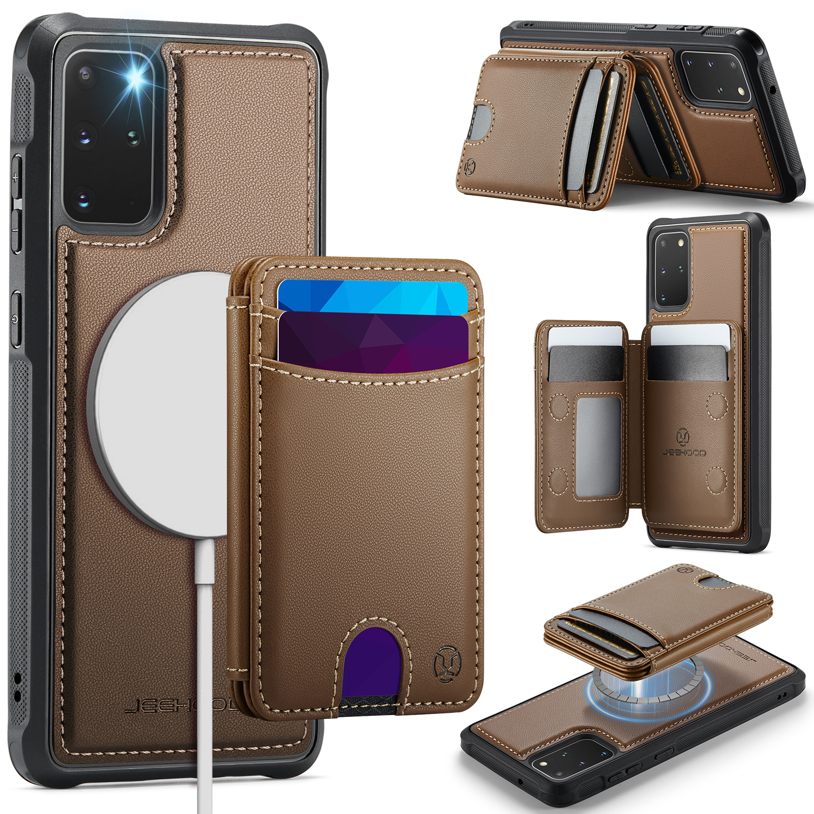 JEEHOOD For Samsung Galaxy S20 Plus 4G Case  J10  Magnetic Case Leather Back Phone Cover with Detachable Card Holder Kickstand - Brown