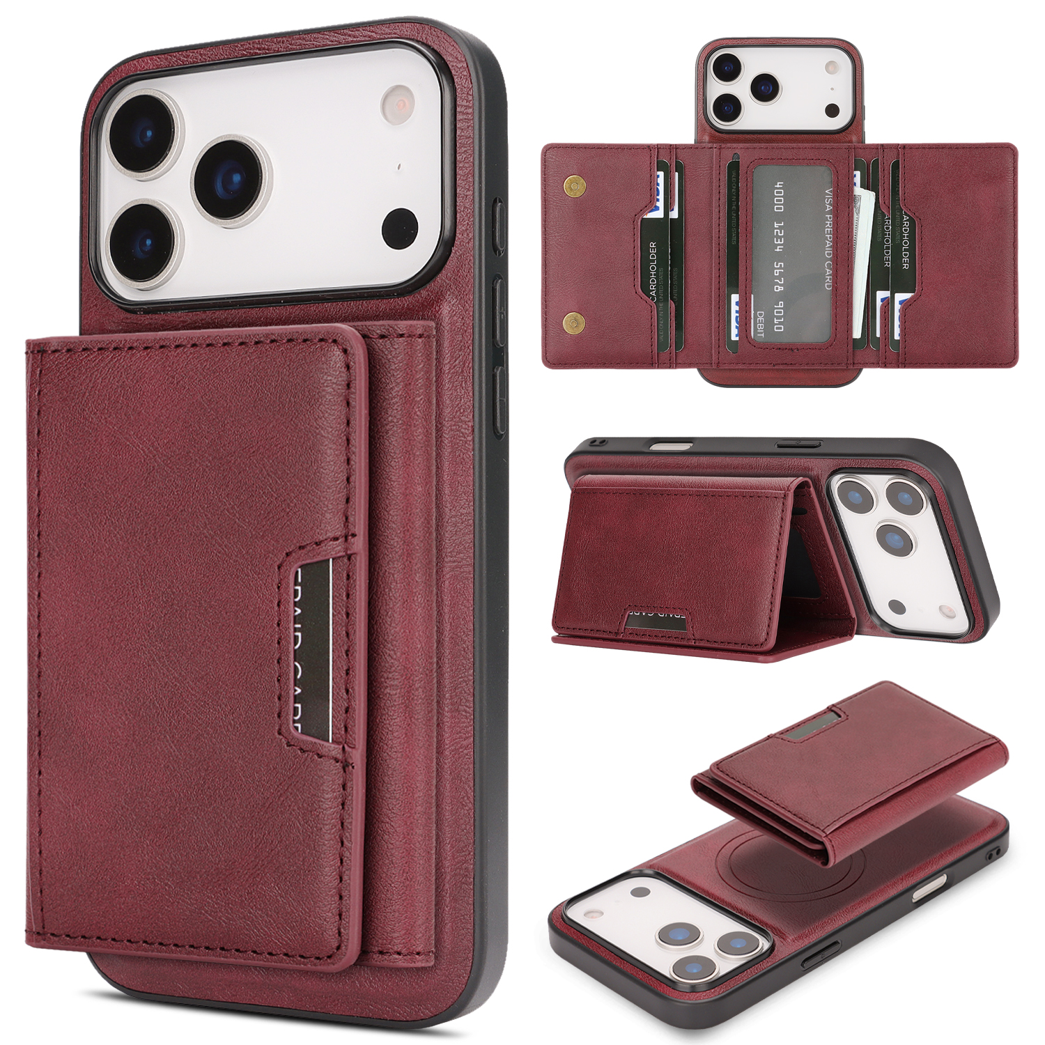 For iPhone 17 Pro Max Kickstand Case Tri-fold Card Bag PU Leather Coated TPU Cover Compatible with MagSafe - Red