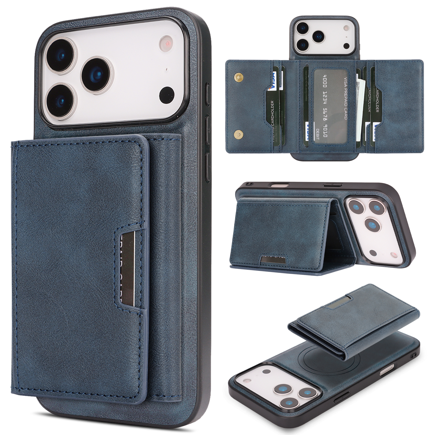 For iPhone 17 Pro Max Kickstand Case Tri-fold Card Bag PU Leather Coated TPU Cover Compatible with MagSafe - Blue