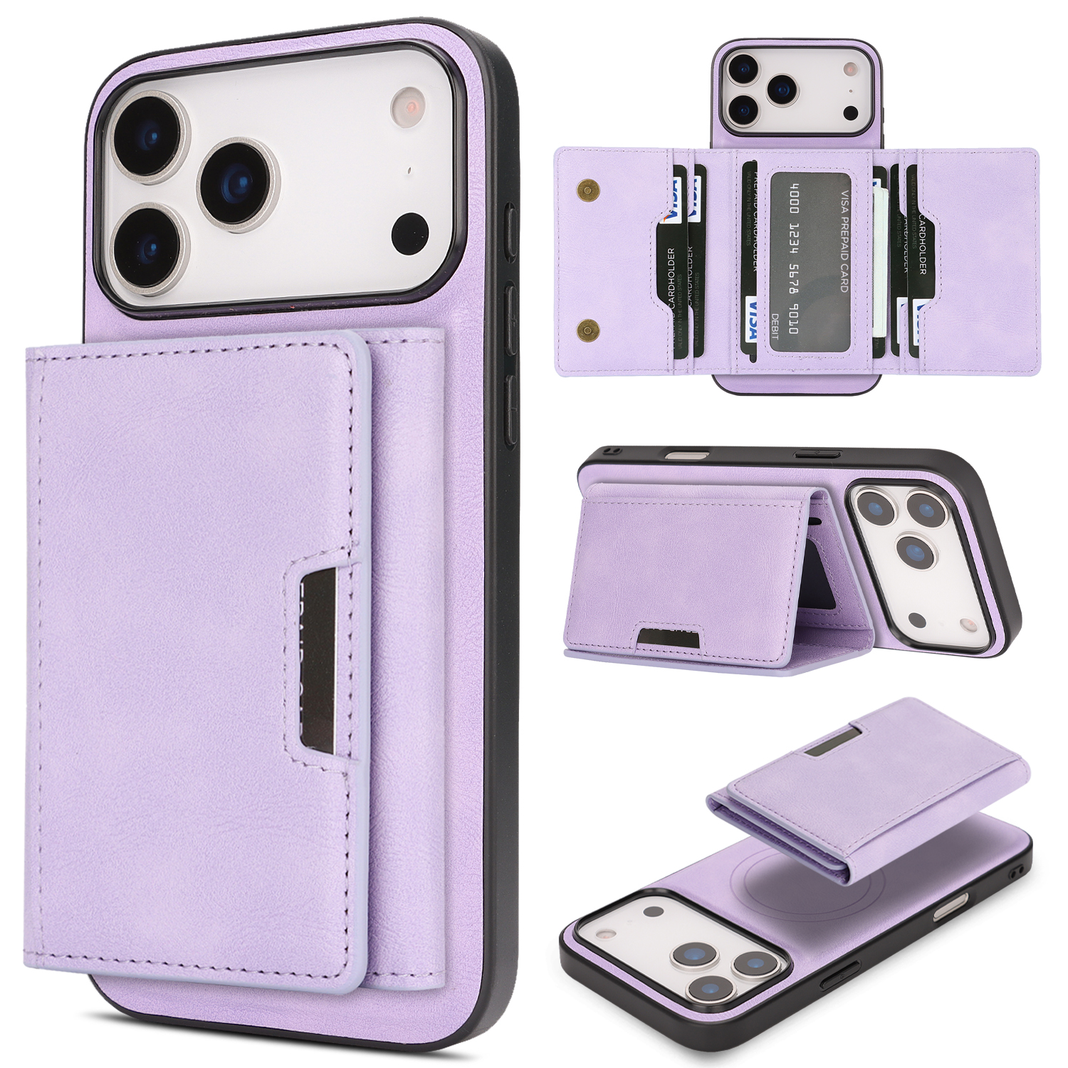 For iPhone 17 Pro Max Kickstand Case Tri-fold Card Bag PU Leather Coated TPU Cover Compatible with MagSafe - Purple