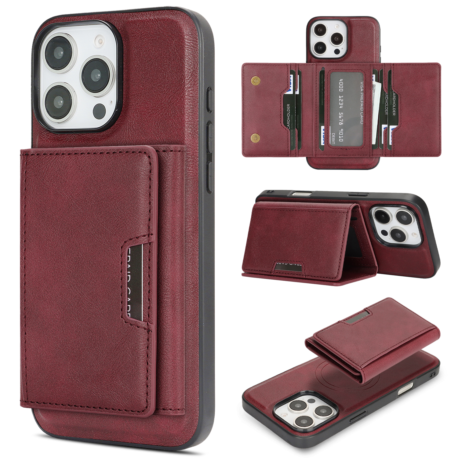 For iPhone 15 Pro Max Kickstand Case Tri-fold Card Bag PU Leather Coated TPU Cover Compatible with MagSafe - Red