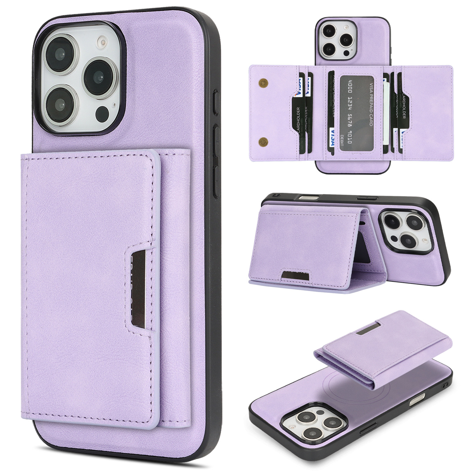For iPhone 15 Pro Max Kickstand Case Tri-fold Card Bag PU Leather Coated TPU Cover Compatible with MagSafe - Purple