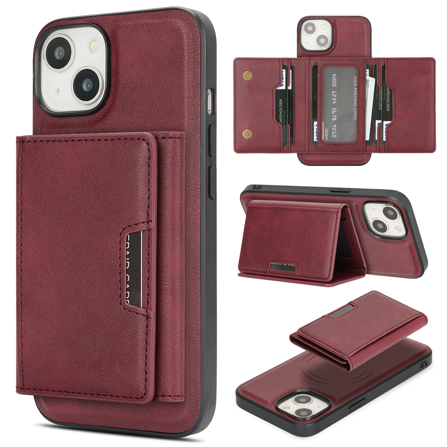 For iPhone 15 Kickstand Case Tri-fold Card Bag PU Leather Coated TPU Cover Compatible with MagSafe - Red