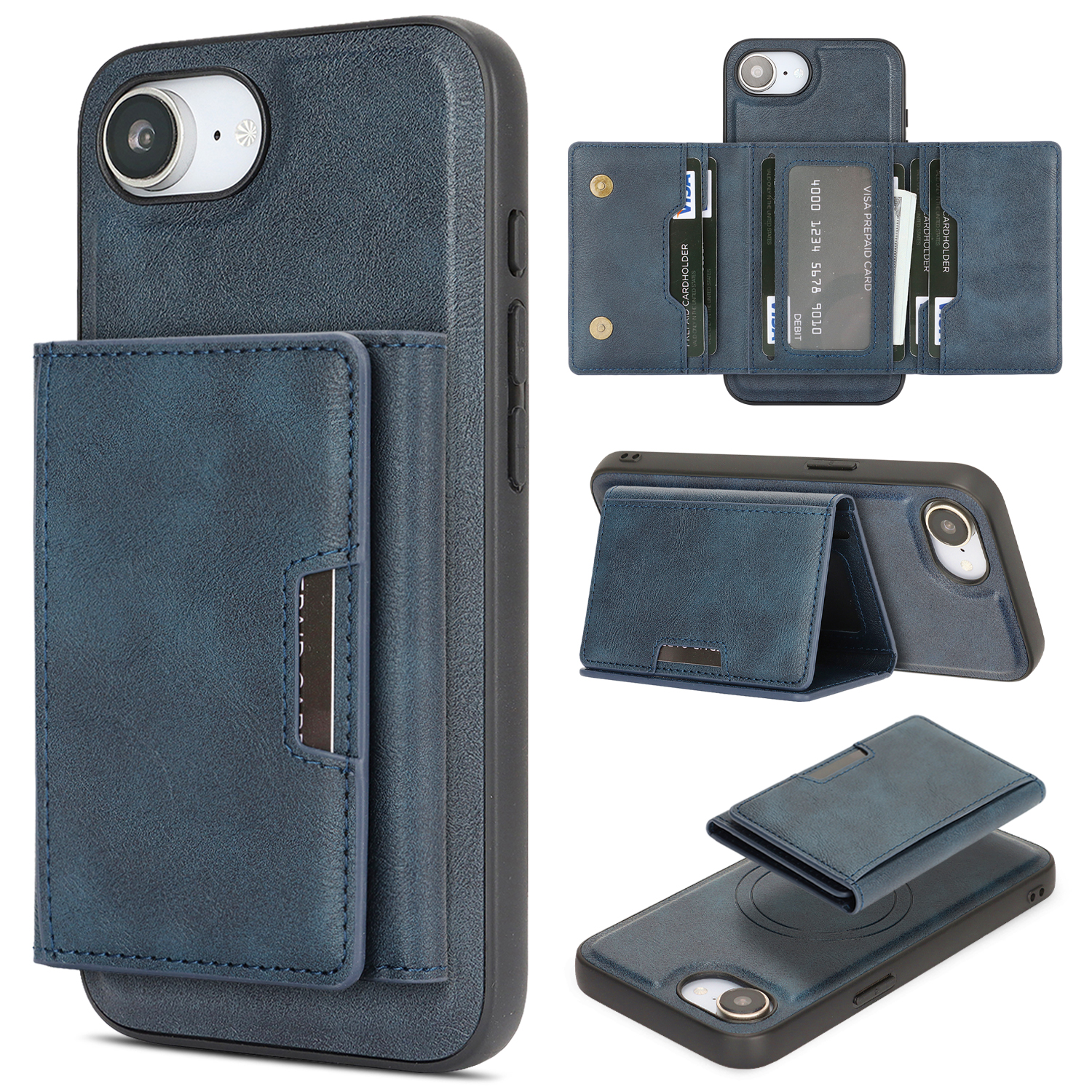 For iPhone 17e / 16e Kickstand Case Tri-fold Card Bag PU Leather Coated TPU Cover Compatible with MagSafe - Blue