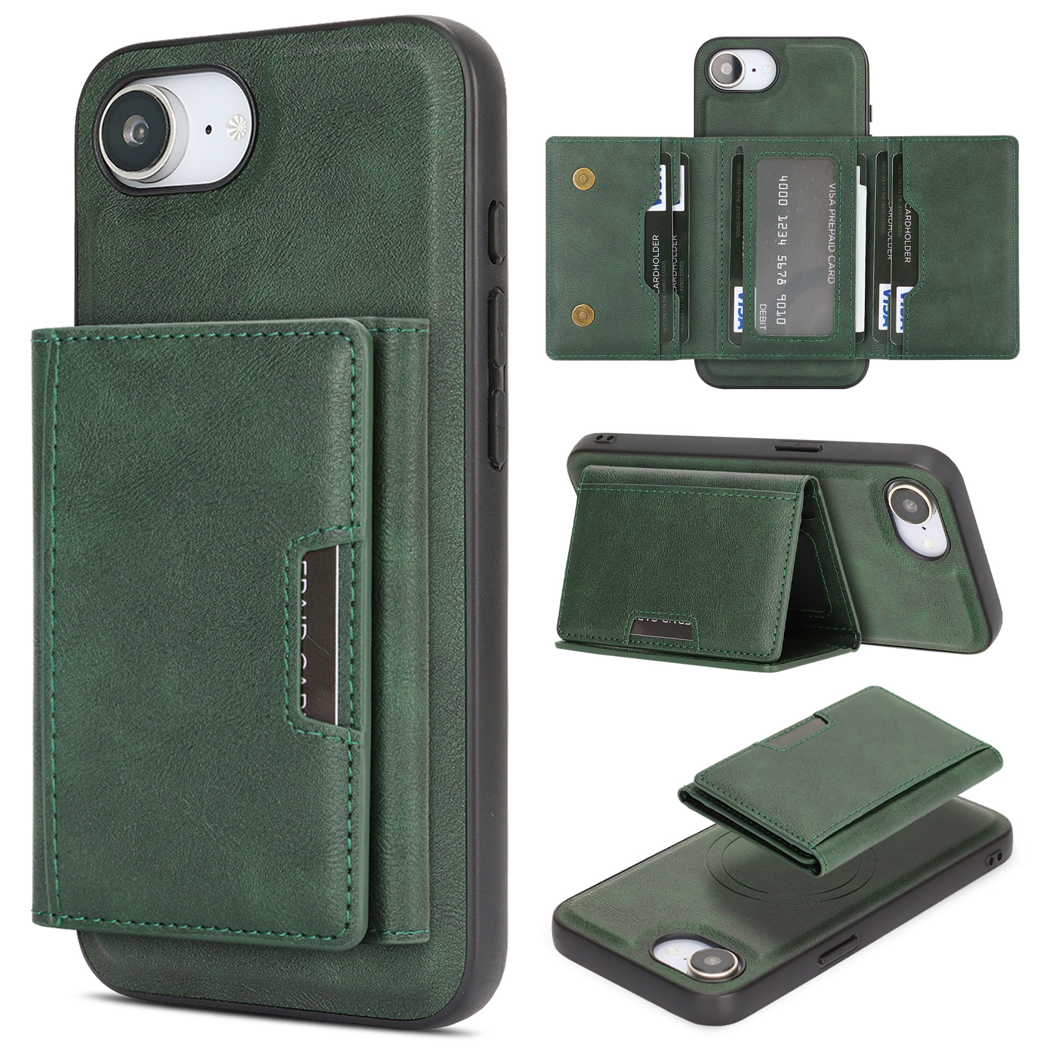 For iPhone 17e / 16e Kickstand Case Tri-fold Card Bag PU Leather Coated TPU Cover Compatible with MagSafe - Green