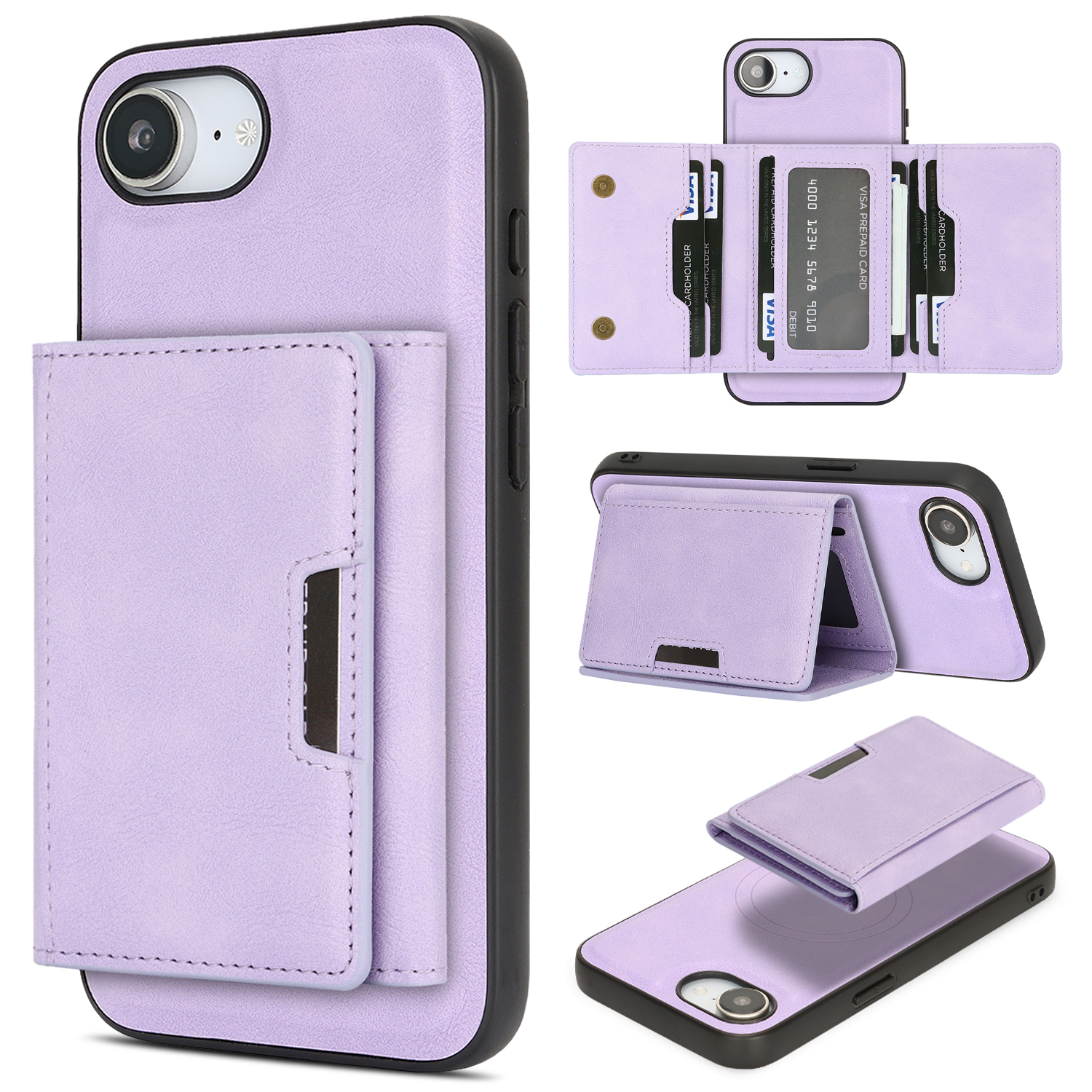 For iPhone 17e / 16e Kickstand Case Tri-fold Card Bag PU Leather Coated TPU Cover Compatible with MagSafe - Purple