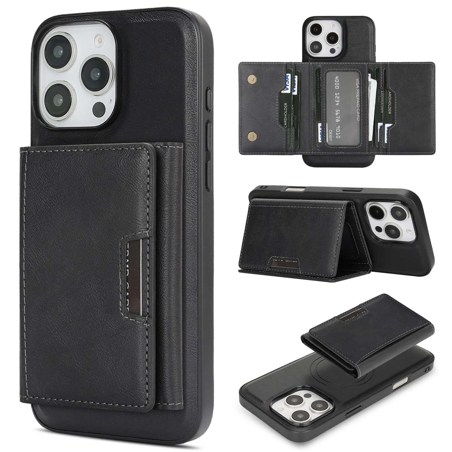 For iPhone 14 Pro Max Kickstand Case Tri-fold Card Bag PU Leather Coated TPU Cover Compatible with MagSafe - Black