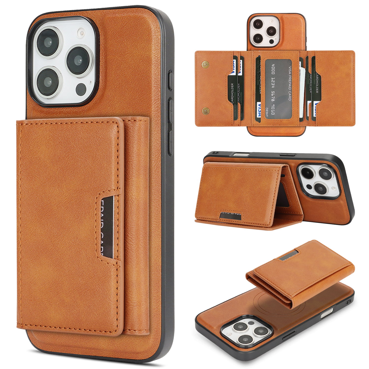 For iPhone 14 Pro Kickstand Case Tri-fold Card Bag PU Leather Coated TPU Cover Compatible with MagSafe - Brown