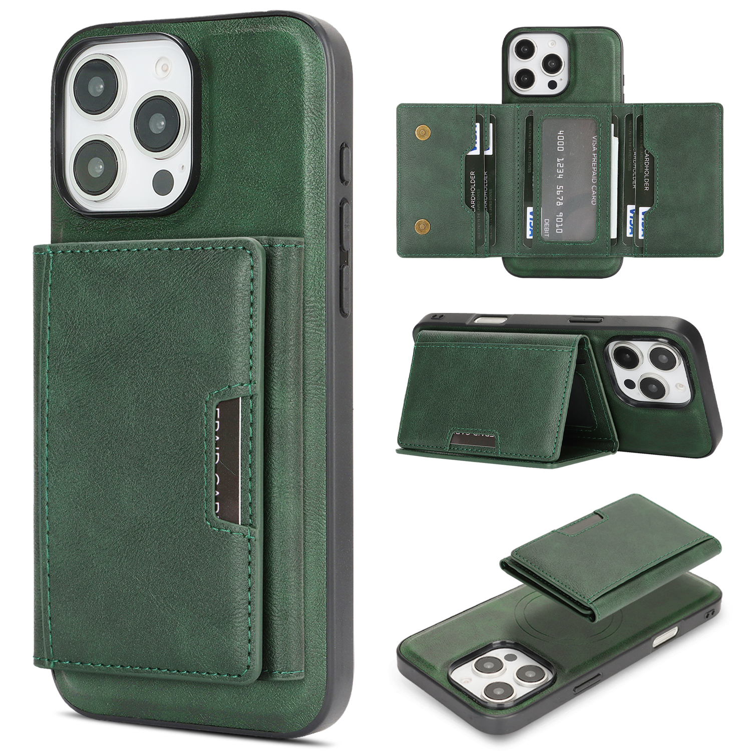For iPhone 13 Pro Kickstand Case Tri-fold Card Bag PU Leather Coated TPU Cover Compatible with MagSafe - Green