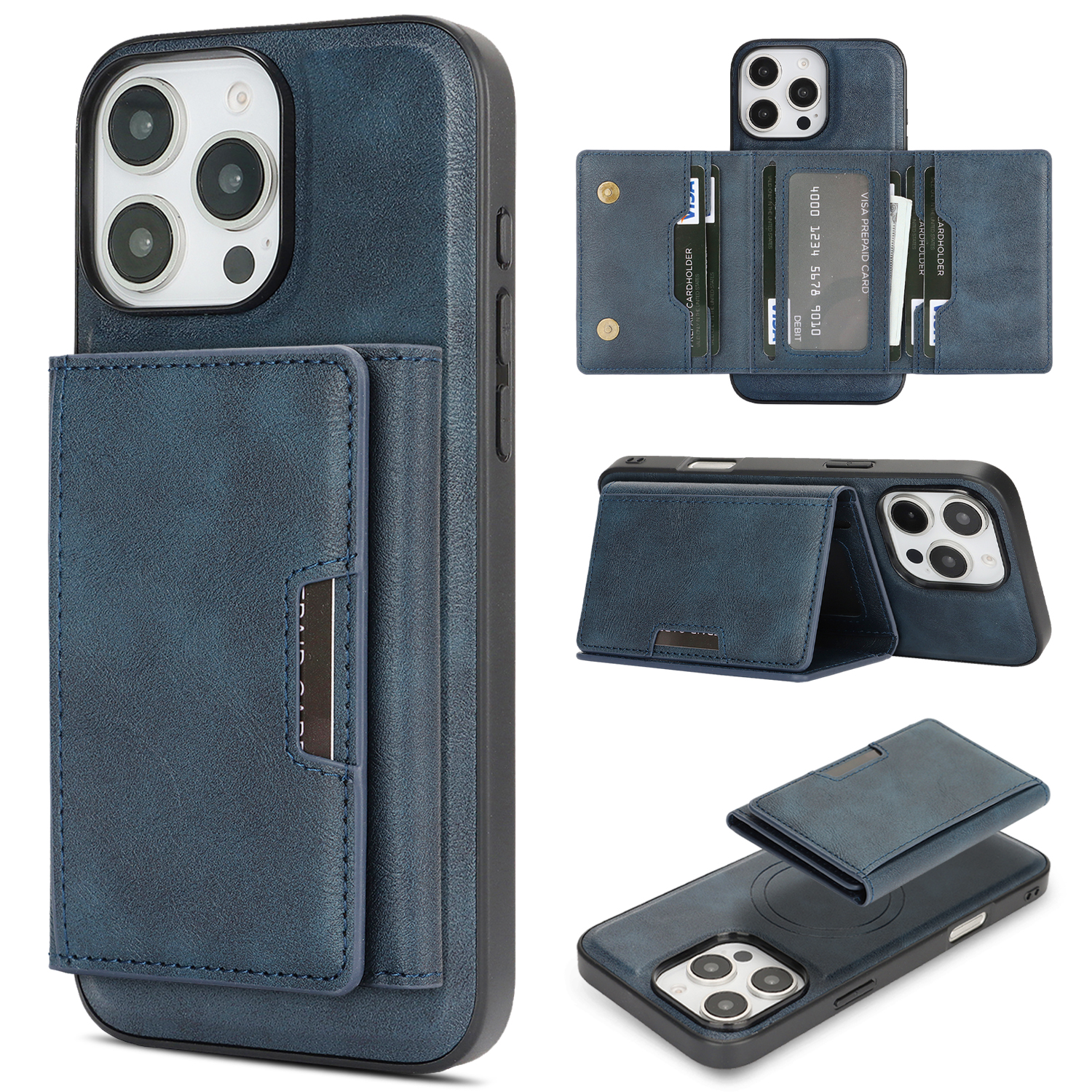 For iPhone 13 Pro Max Kickstand Case Tri-fold Card Bag PU Leather Coated TPU Cover Compatible with MagSafe - Blue