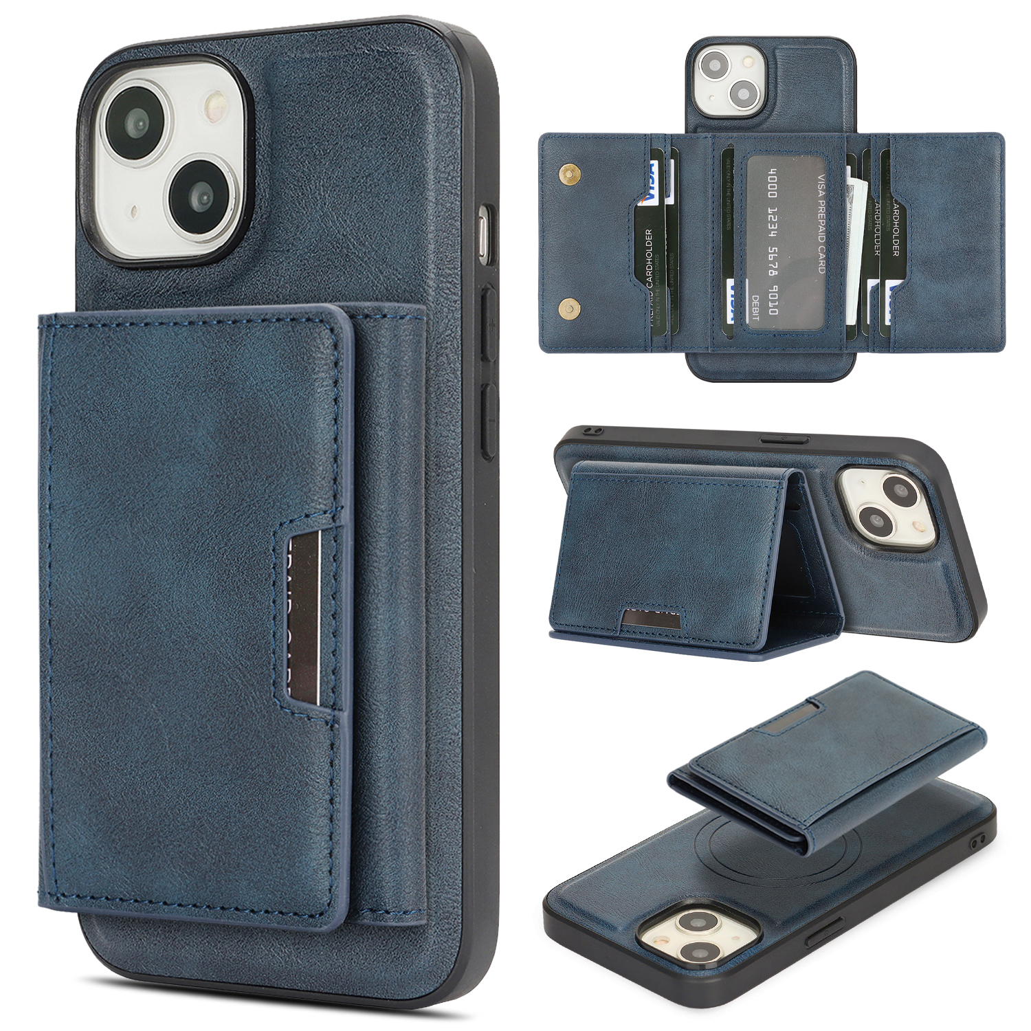 For iPhone 14 Kickstand Case Tri-fold Card Bag PU Leather Coated TPU Cover Compatible with MagSafe - Blue