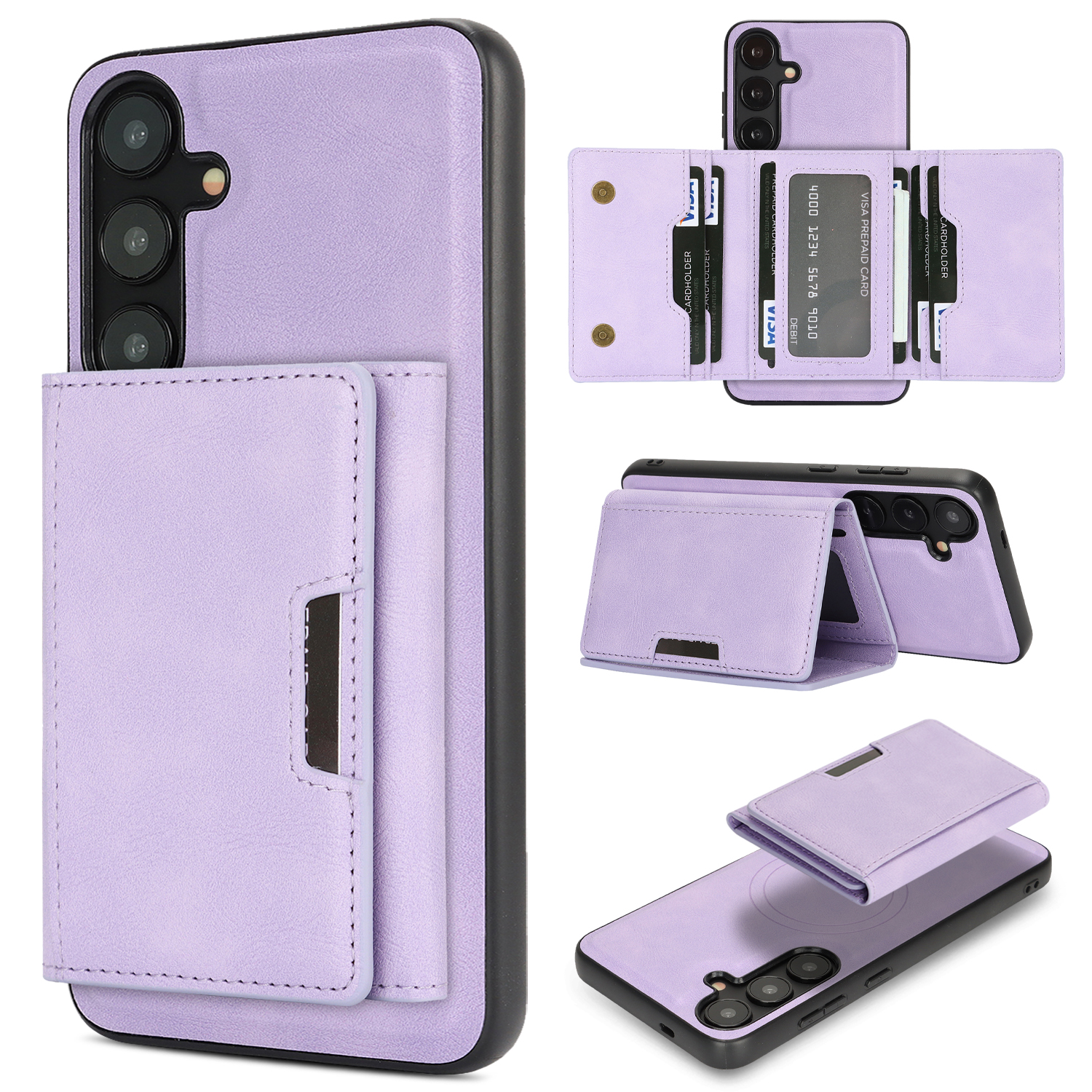 For Samsung Galaxy S25+ Kickstand Case Tri-fold Card Bag PU Leather Coated TPU Cover Magnetic Case - Purple