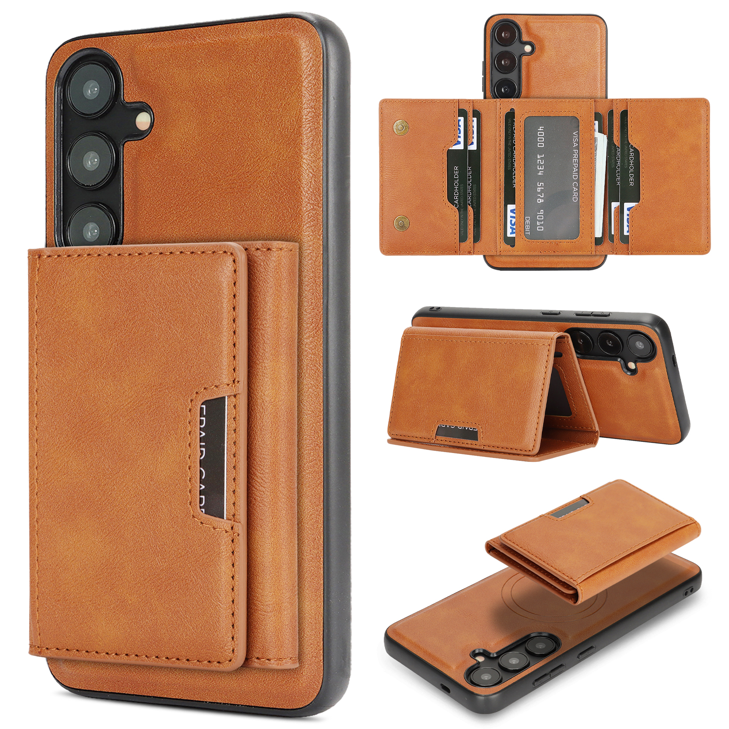 For Samsung Galaxy S25+ Kickstand Case Tri-fold Card Bag PU Leather Coated TPU Cover Magnetic Case - Brown