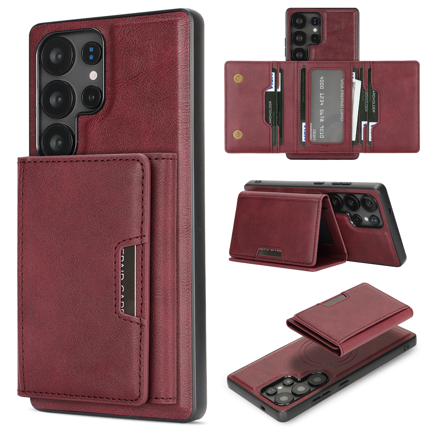 For Samsung Galaxy S25 Ultra Kickstand Case Tri-fold Card Bag PU Leather Coated TPU Cover Magnetic Case - Red