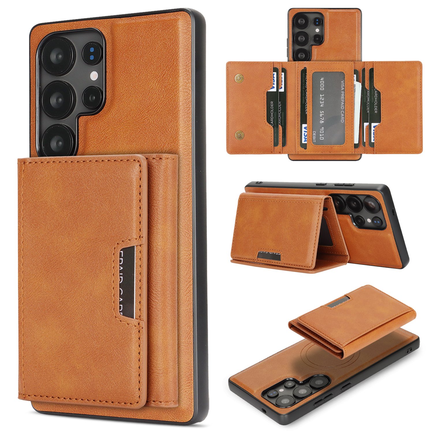 For Samsung Galaxy S25 Ultra Kickstand Case Tri-fold Card Bag PU Leather Coated TPU Cover Magnetic Case - Brown